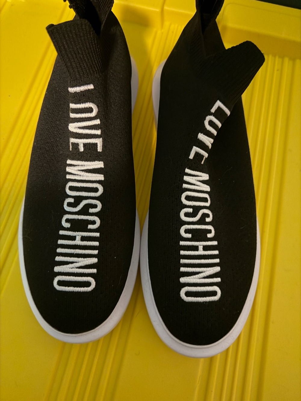 Love Moschino Black Knit Slip-On Sneakers with White Logo sz 40